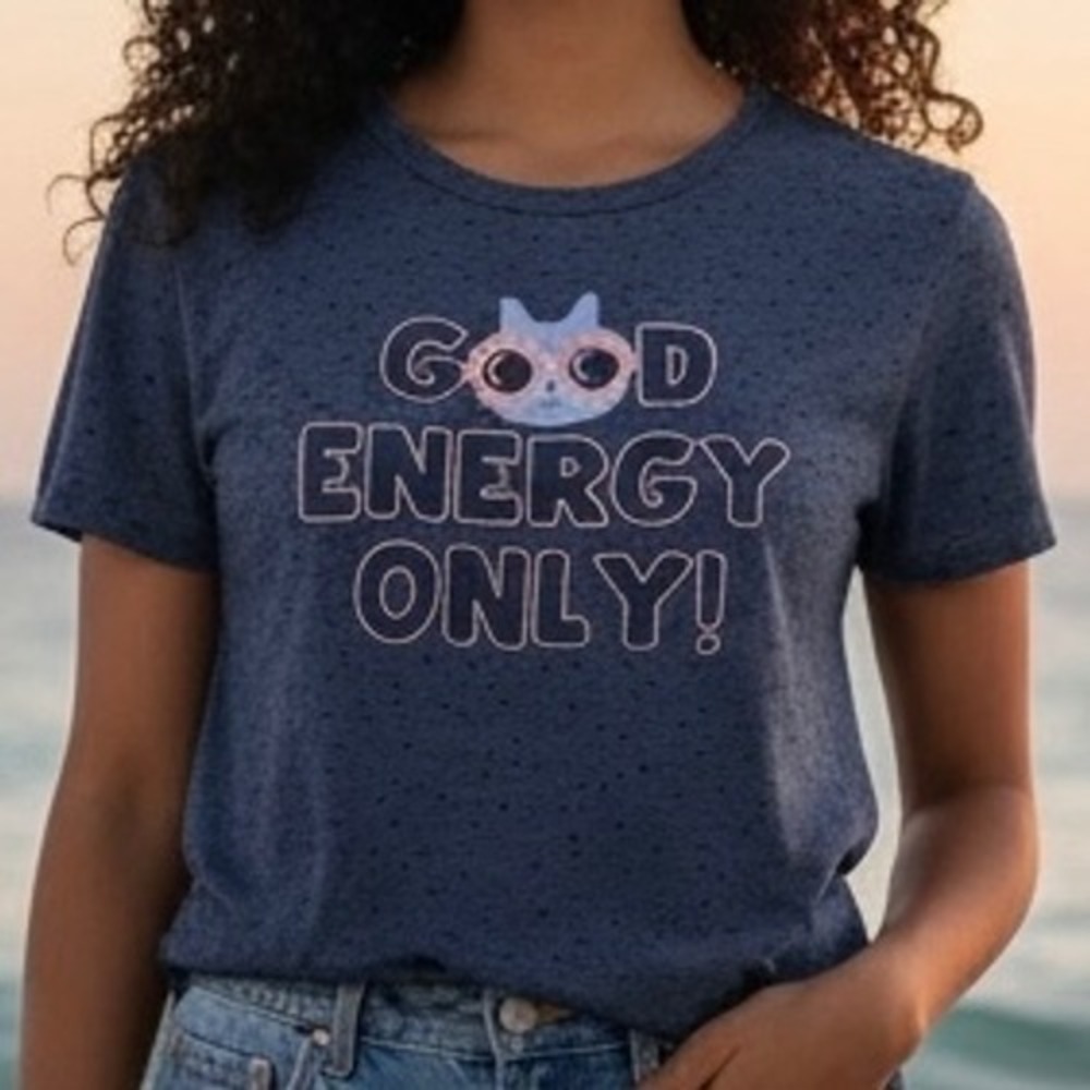 Holla T-Shirt Womens Lg Good Energy Only Cat Graphic Polka Dot‎ Navy Blue